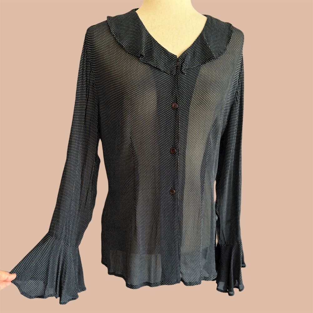 April Cornell Whimsigoth Rayon Top Size L Sheer Mini Polka Dot Peter Pan Collar